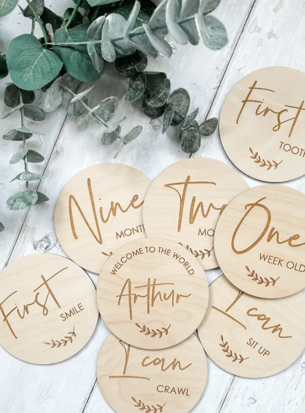 Full Set of Baby Milestone Discs inc Firsts | Wooden Baby Milestone Markers | Laser Engraved and Cut | Social Media Flat Lay Prop