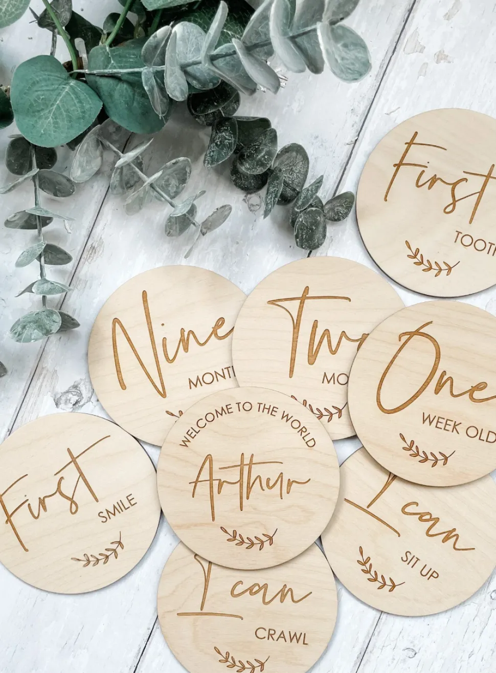 full_set_of_baby_mileston_0.webp Full Set of Baby Milestone Discs inc Firsts | Wooden Baby Milestone Markers | Laser Engraved and Cut | Social Media Flat Lay Prop