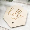 Hello World Hexagon Wooden Disc | Wooden Baby Announcement | Baby Arrival Sign | Social Media Flat Lay Prop | Laser Engraved | UK