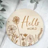 Hello World Wooden Disc | Wooden Baby Announcement | Baby Arrival Sign | Social Media Flat Lay Prop | Laser Engraved | UK