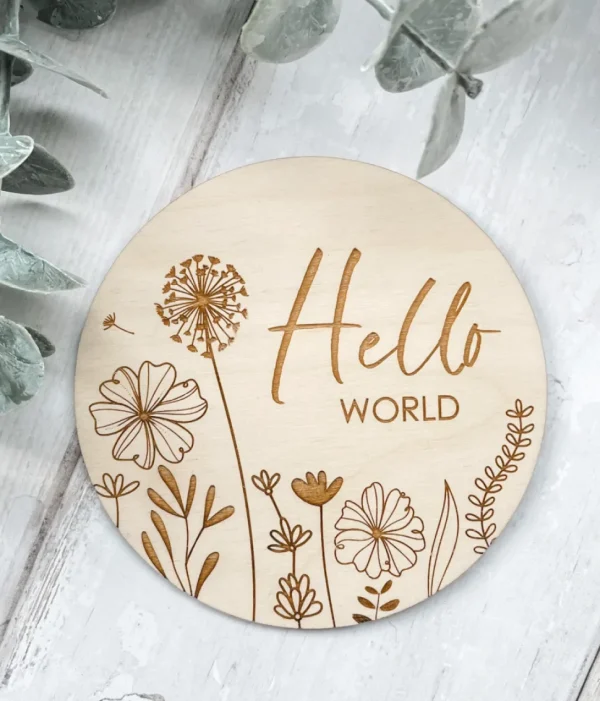 Hello World Wooden Disc | Wooden Baby Announcement | Baby Arrival Sign | Social Media Flat Lay Prop | Laser Engraved | UK