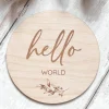 Hello World Wooden Disc | Wooden Baby Announcement | Baby Arrival Sign | Social Media Flat Lay Prop | Laser Engraved | UK