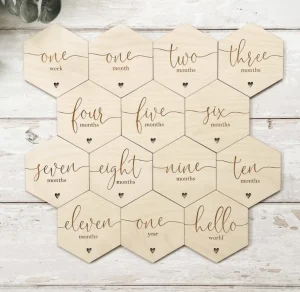 Hexagon Baby Milestone Discs | Wooden Baby Milestone Markers | Laser Engraved and Cut | Social Media Flat Lay Prop