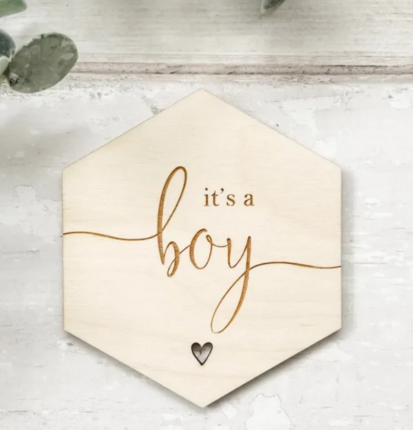 It's a Boy Hexagon Wooden Disc | Wooden Baby Announcement | Baby Arrival Sign | Social Media Flat Lay Prop | Laser Engraved | UK