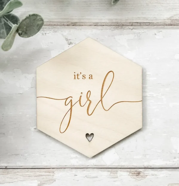 It's a Girl Hexagon Wooden Disc | Wooden Baby Announcement | Baby Arrival Sign | Social Media Flat Lay Prop | Laser Engraved | UK