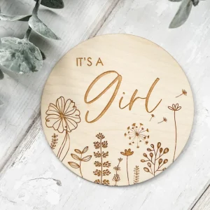 It's a Girl Wooden Disc | Wooden Baby Announcement | Baby Arrival Sign | Social Media Flat Lay Prop | Laser Engraved | UK