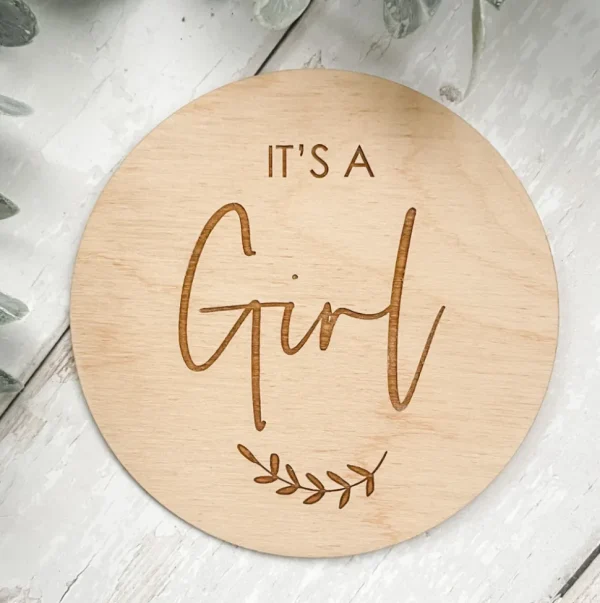 It's a Girl Wooden Disc | Wooden Baby Announcement | Baby Arrival Sign | Social Media Flat Lay Prop | Laser Engraved | UK