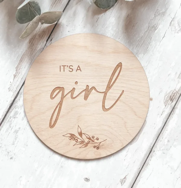 It's a Girl Wooden Disc | Wooden Baby Announcement | Baby Arrival Sign | Social Media Flat Lay Prop | Laser Engraved | UK