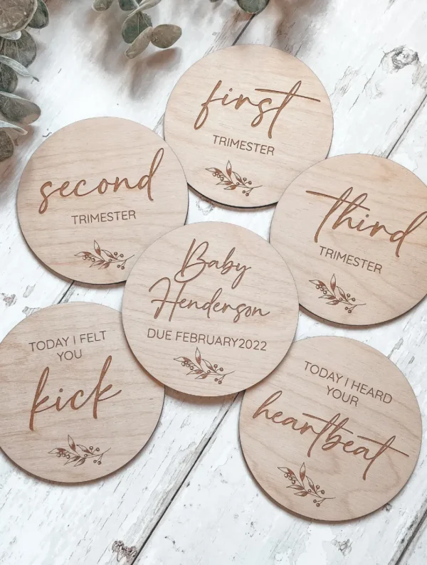 Pregnancy Milestone Discs | Wooden Trimester Milestone Markers | Laser Engraved and Cut | Social Media Flat Lay Prop