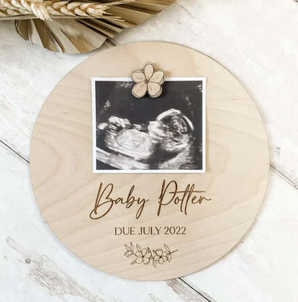 Wooden Baby Scan Announcement Plaque | New Baby Pregnancy Reveal Sign | Social Media Flat Lay Prop | Laser Engraved